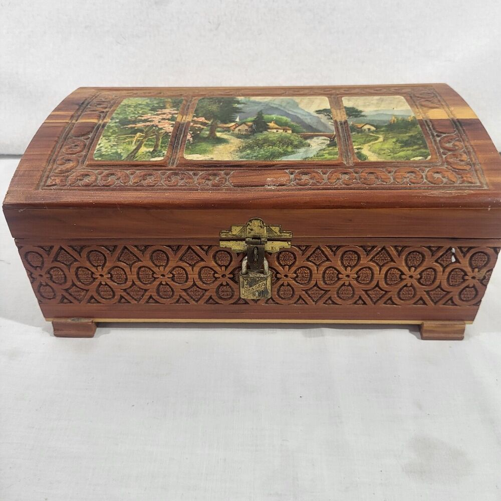 Carved Wooden Trinket Box 3 Panel Art Rose Mirror Eagle Lock Co and Key USA Made